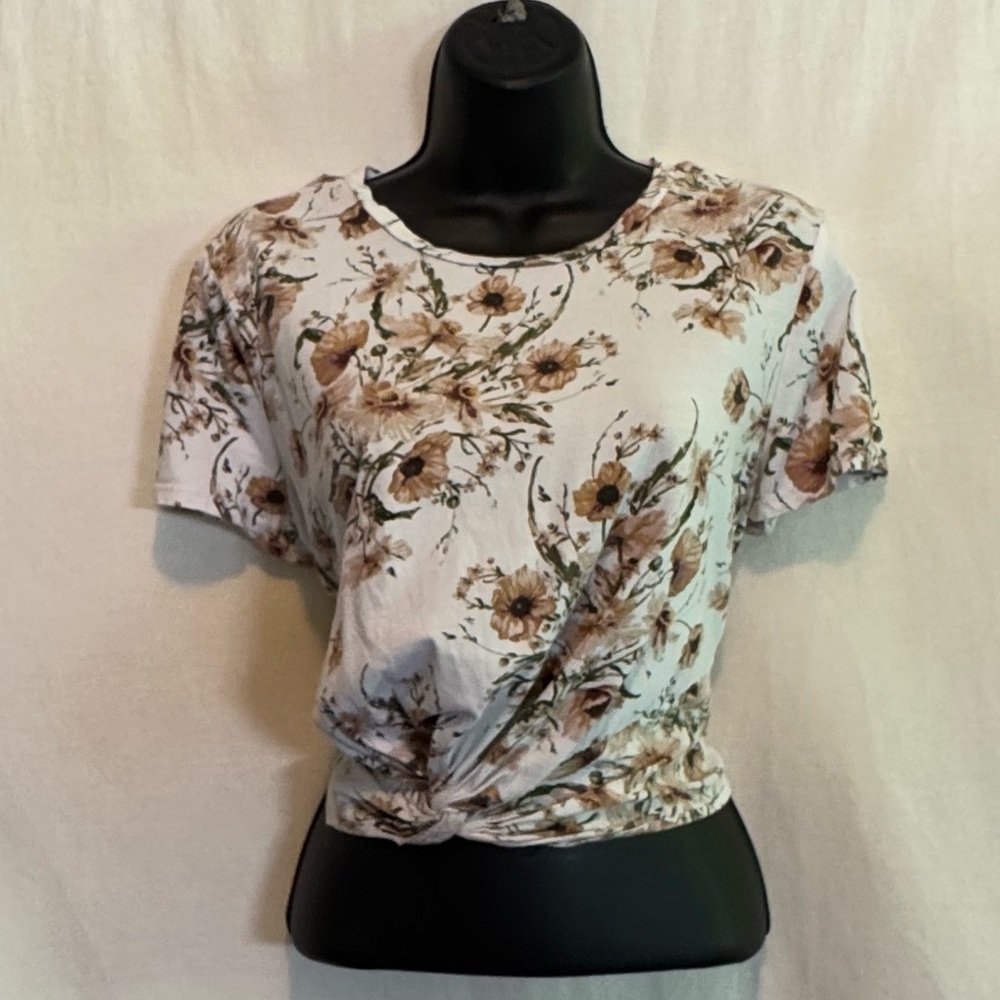 H-37 H&M Brown Green & White Twisted Front Short Sleeve Cropped Blouse Size‎ L